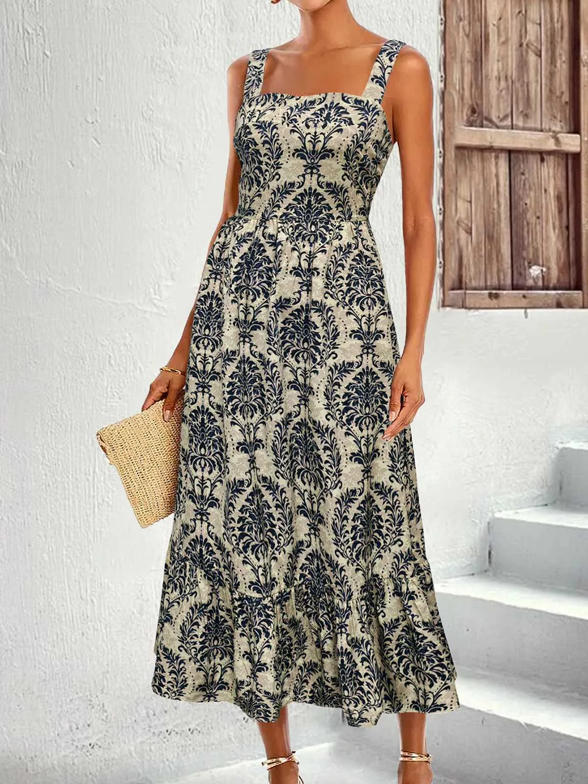 1950s Strap Square-Neck Tie-Back Floral Dress sold by Retro Stage