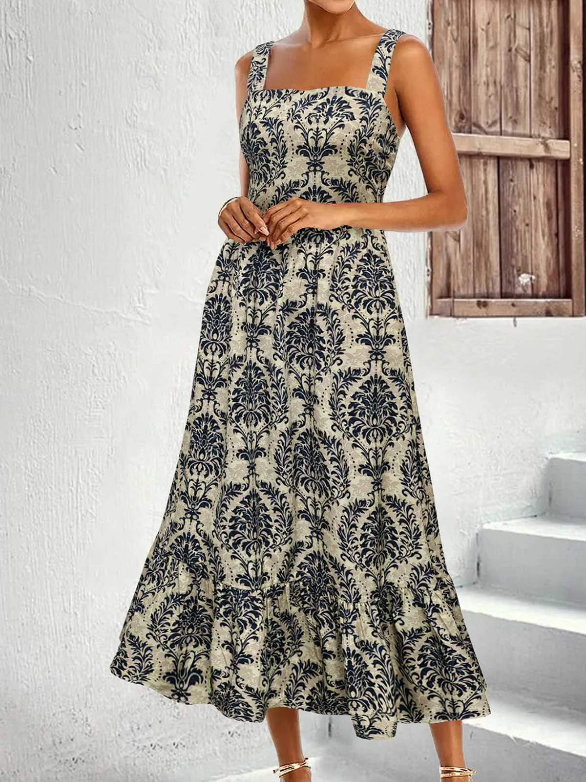 1950s Strap Square-Neck Tie-Back Floral Dress sold by Retro Stage product image thumbnail 5