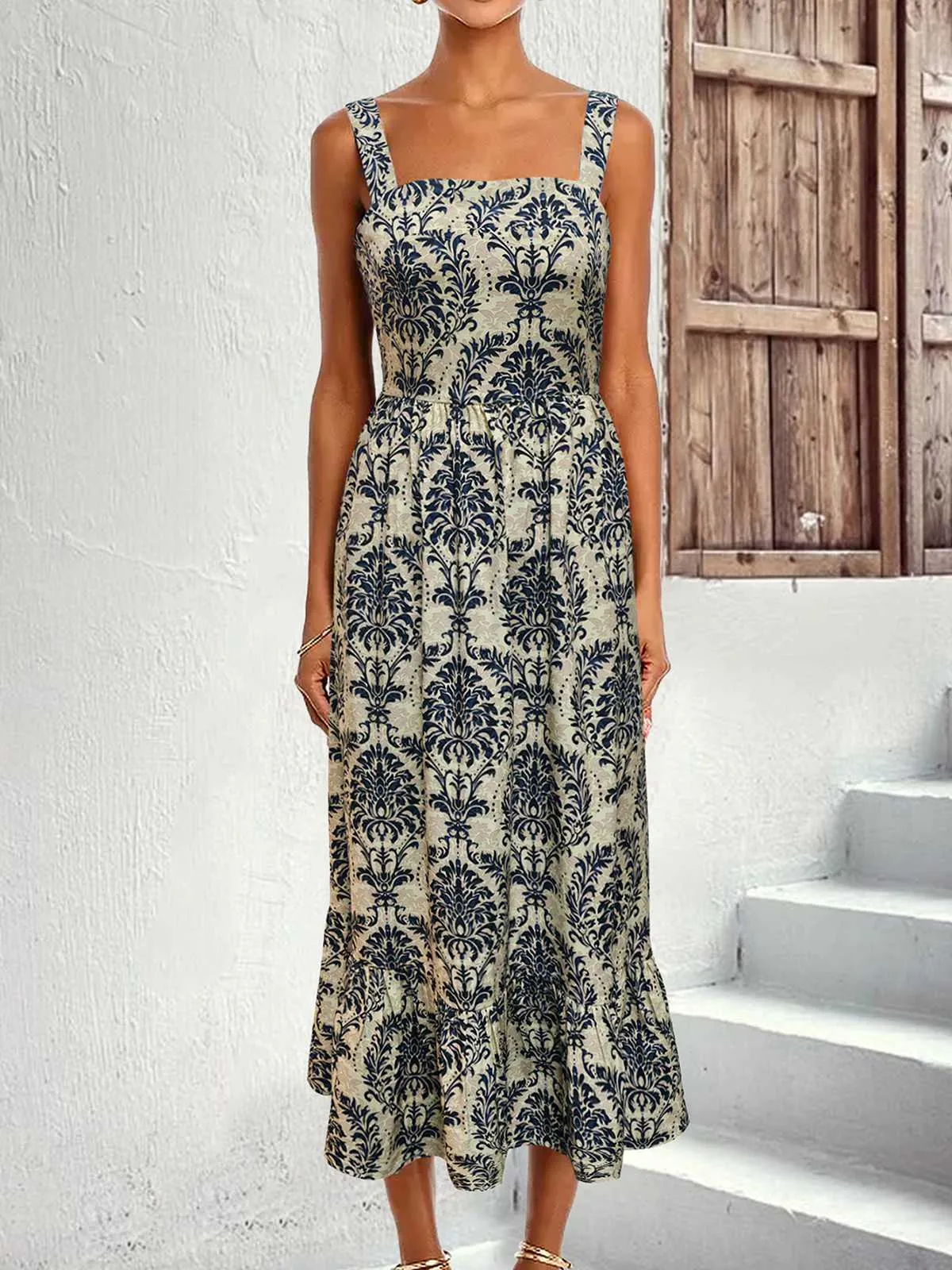 1950s Strap Square-Neck Tie-Back Floral Dress sold by Retro Stage product image thumbnail 2