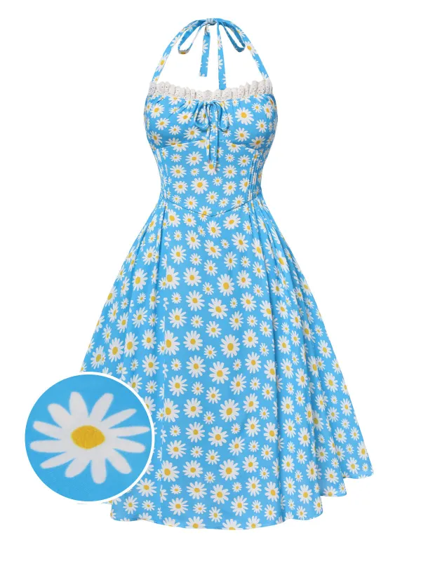 Blue 1950s Halter Lace Daisy Dress sold by Retro Stage