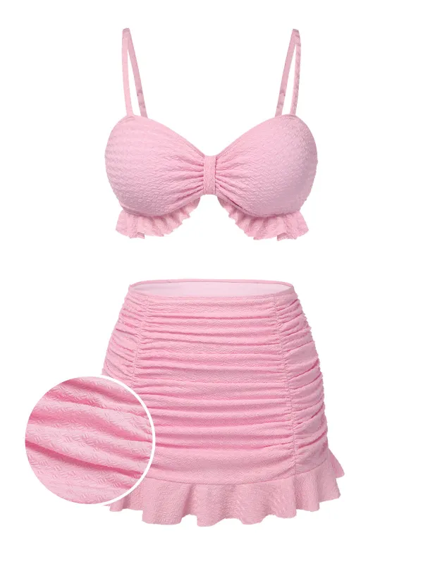 Pink 1950s Spaghetti Strap Ruffle Solid Swimsuit sold by Retro Stage