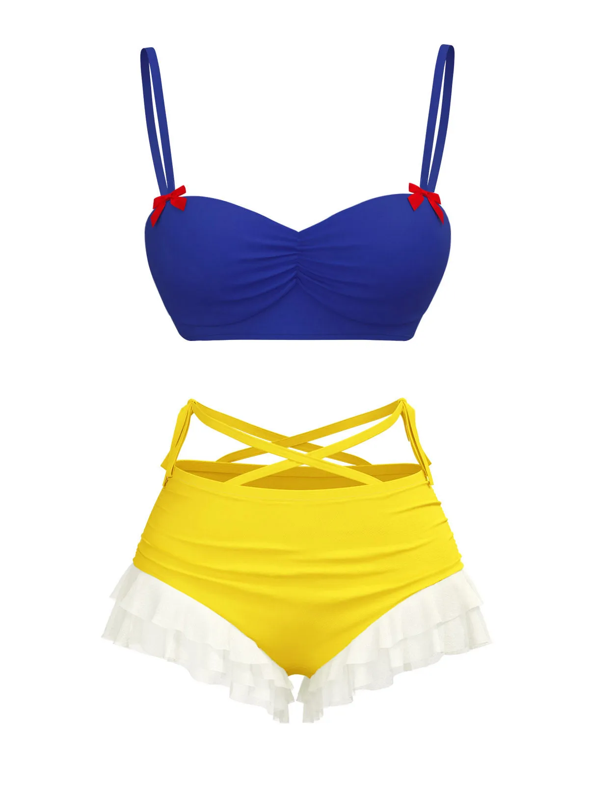 Yellow & Blue 1950s Snow White Style Ruffled Swimsuit sold by Retro Stage
