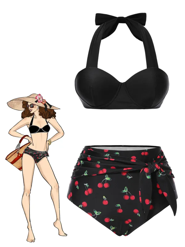 Black 1950s Halter Cherry Bikini Set sold by Retro Stage