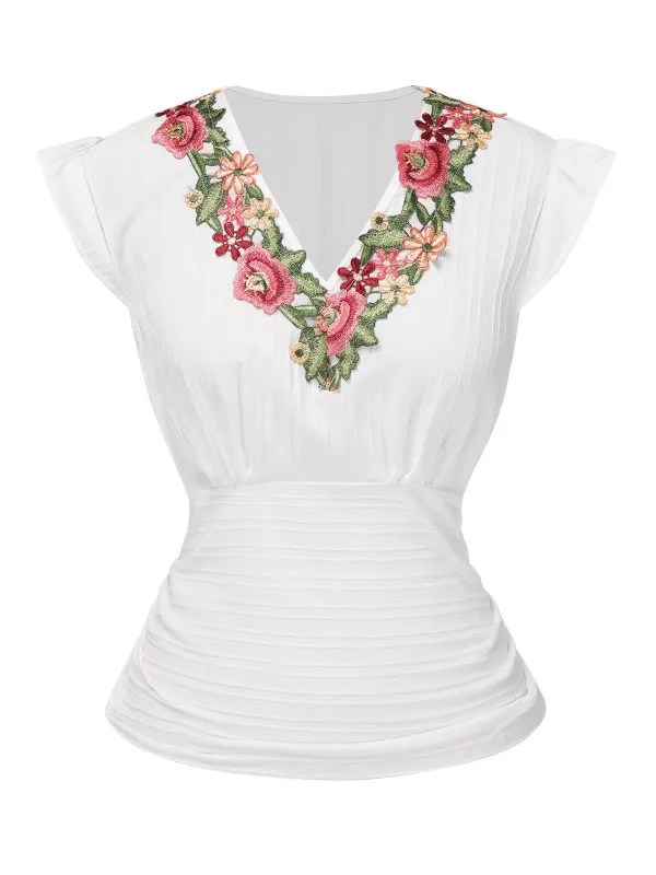 White 1970s V-Neck Embroidered Floral Ruched Blouse sold by Retro Stage