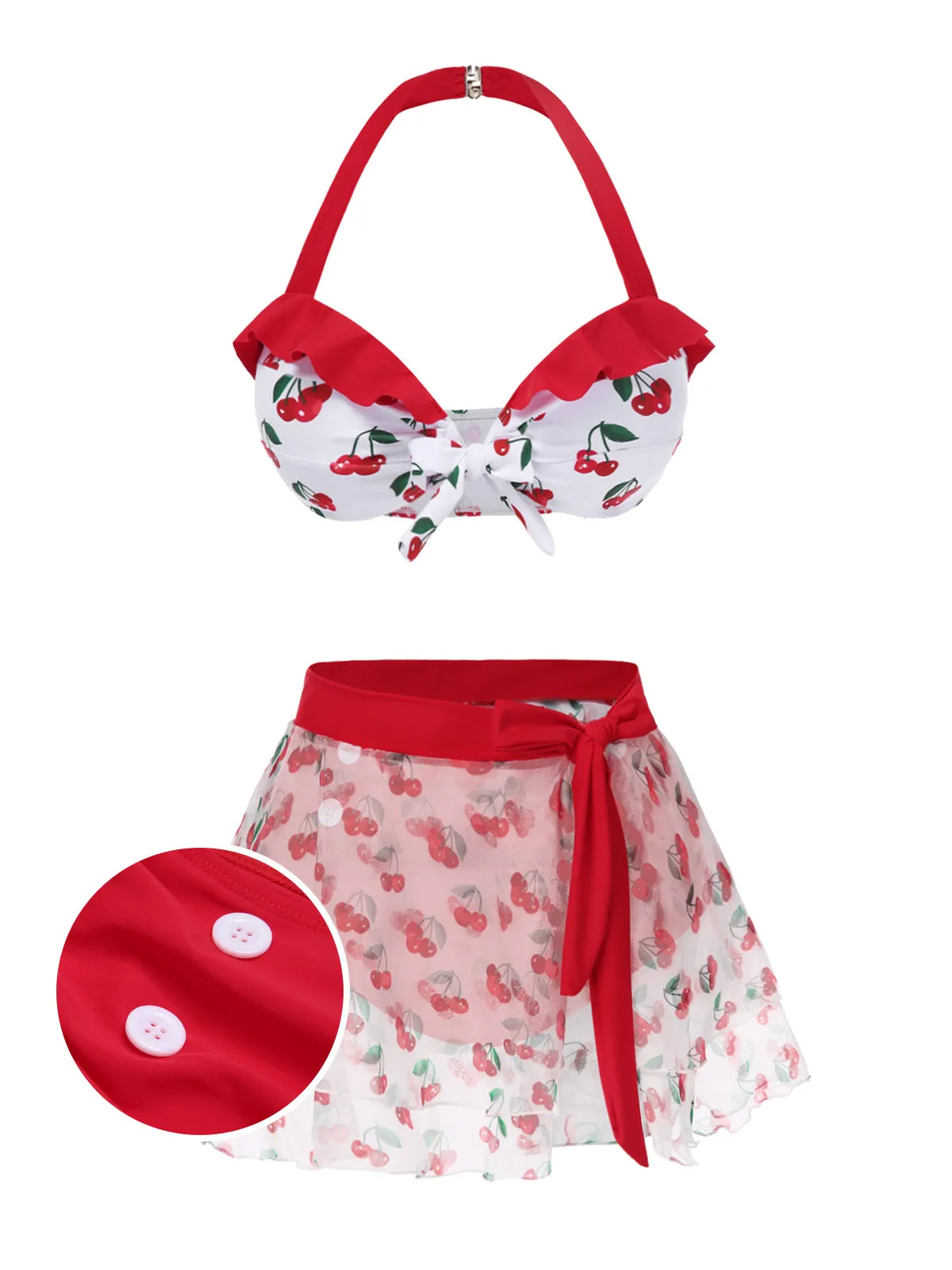 2PCS Red 1950s Cherry Bikini & Tie-Waist Cover up sold by Retro Stage product image thumbnail 2