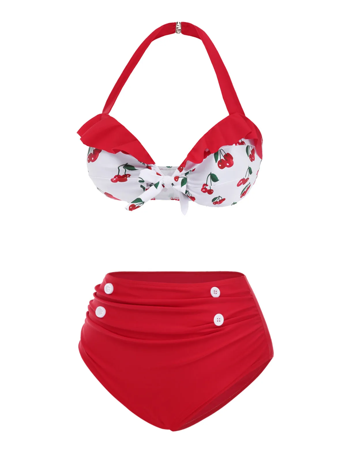 Red 1950s Halter Ruffle Cherry Bikini Set sold by Retro Stage product image thumbnail 3