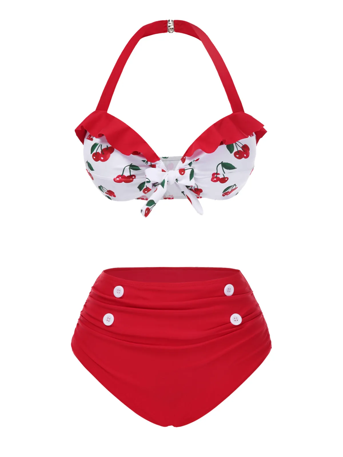 Red 1950s Halter Ruffle Cherry Bikini Set sold by Retro Stage product image thumbnail 2