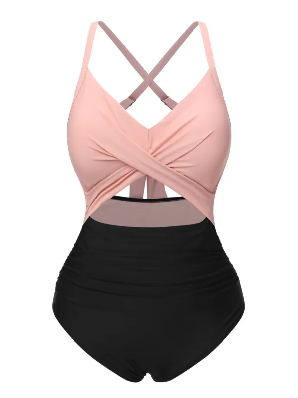 [Plus Size] Pink & Black 1940s Hollow Waist Patchwork Swimsuit sold by Retro Stage