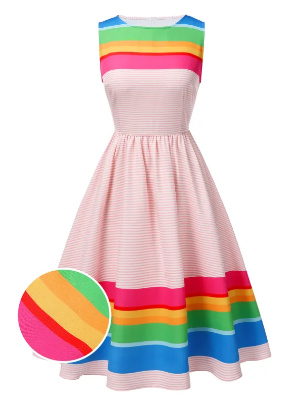 Multicolor 1950s Rainbow Striped Boat Neck Dress sold by Retro Stage
