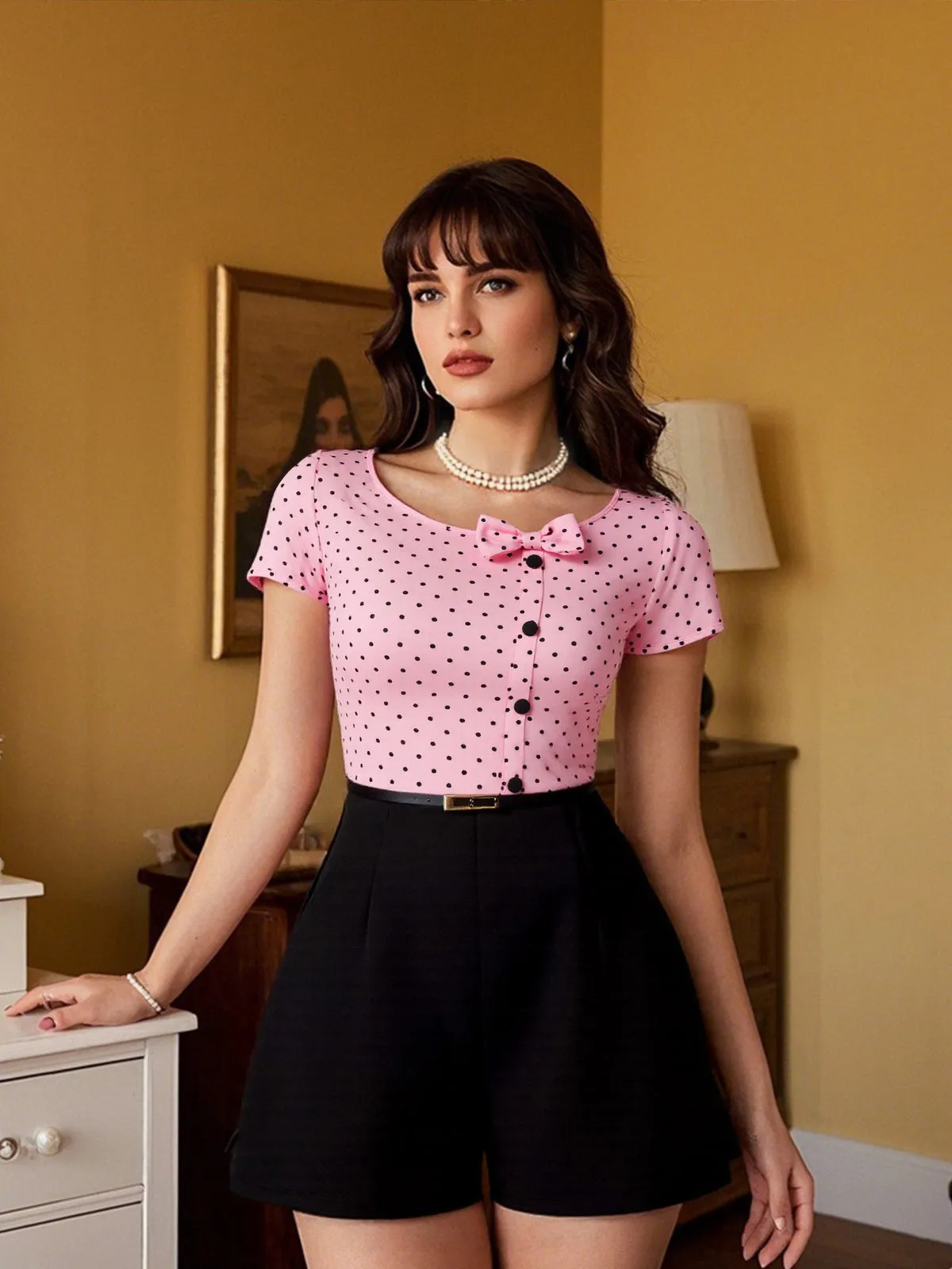 Pink 1950s Polka Dot Bow Romper sold by Retro Stage product image thumbnail 2