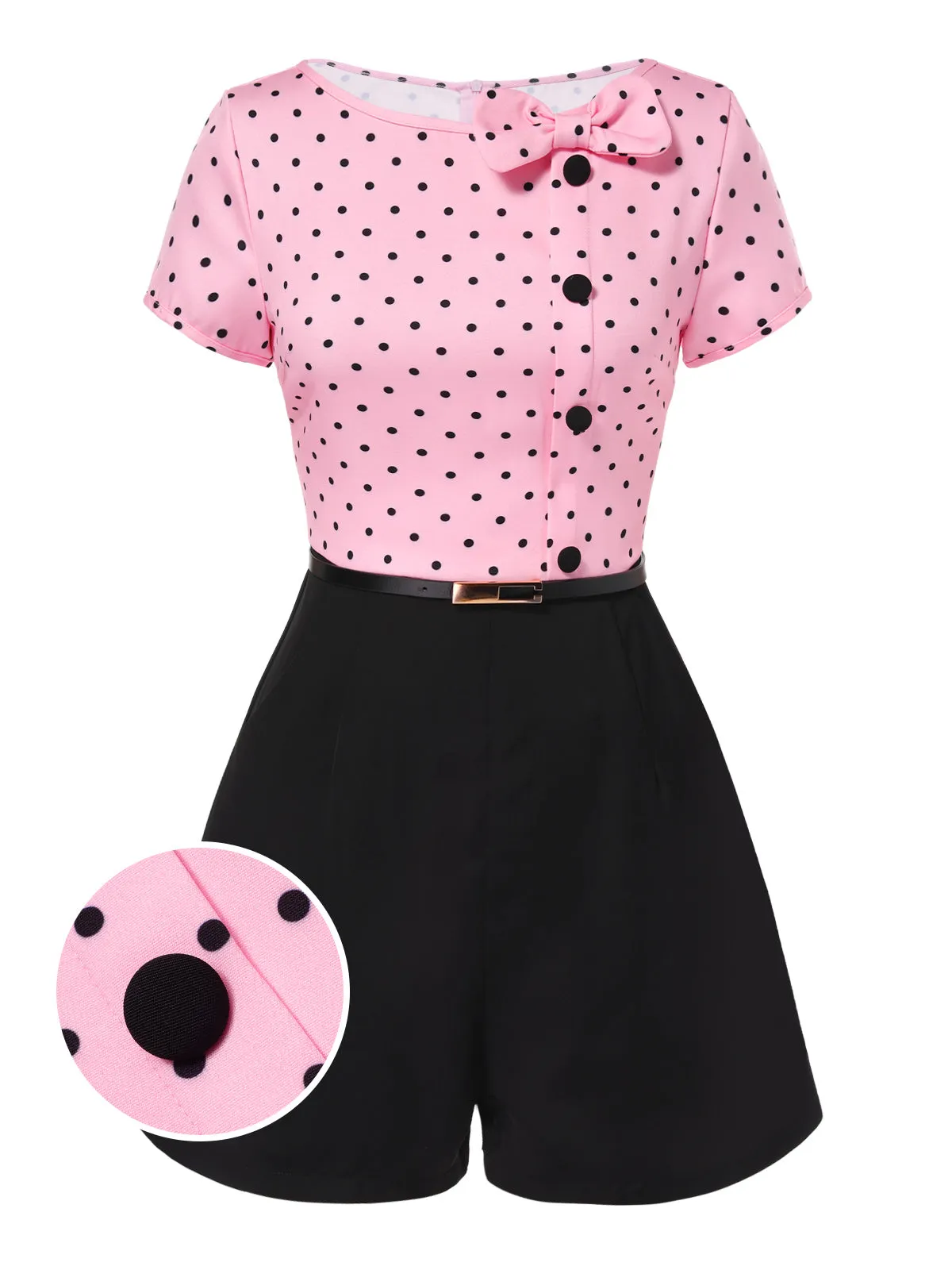 Pink 1950s Polka Dot Bow Romper sold by Retro Stage