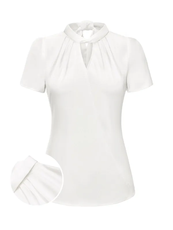 White 1930s Solid Keyhole-Neck Satin Blouse sold by Retro Stage