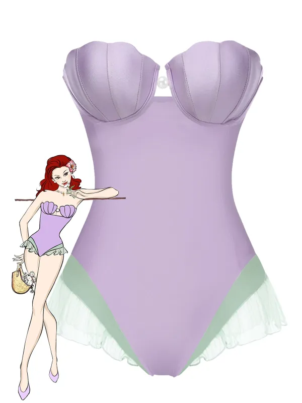 Purple 1970s Shell Mermaid Bandeau One-Piece Swimsuit sold by Retro Stage