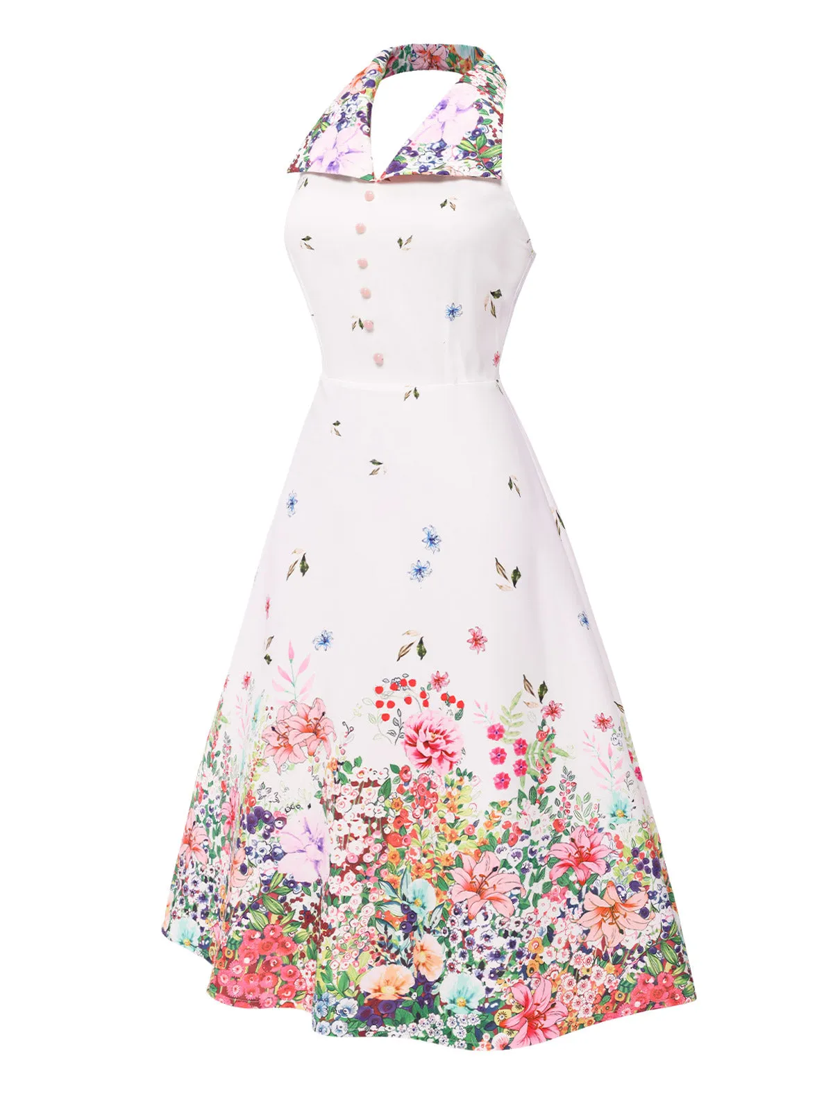 White 1940s Floral Lapel Patchwork Dress sold by Retro Stage product image thumbnail 3