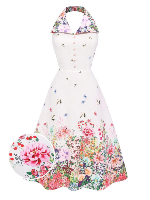 White 1940s Floral Lapel Patchwork Dress sold by Retro Stage