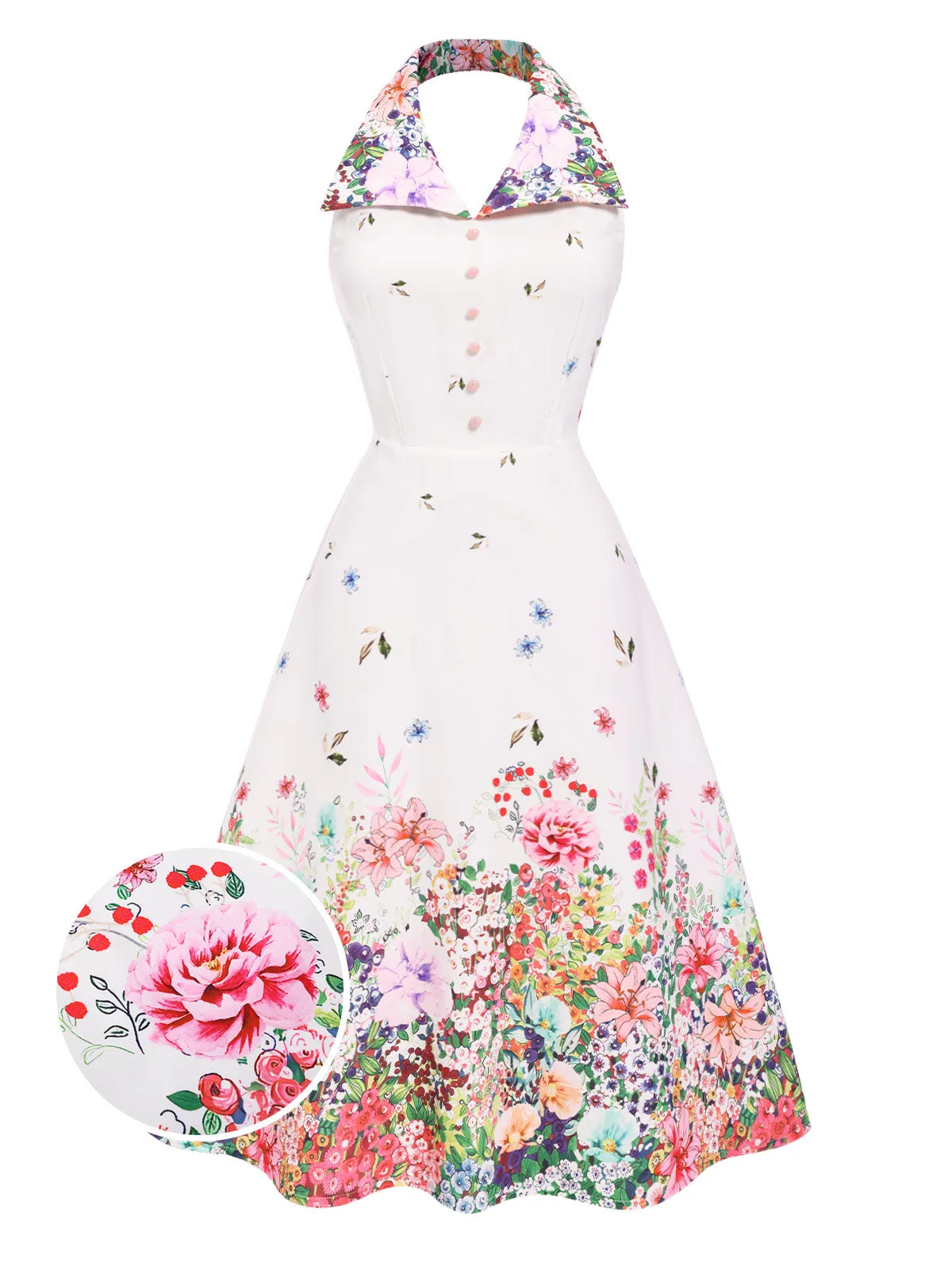 White 1940s Floral Lapel Patchwork Dress sold by Retro Stage