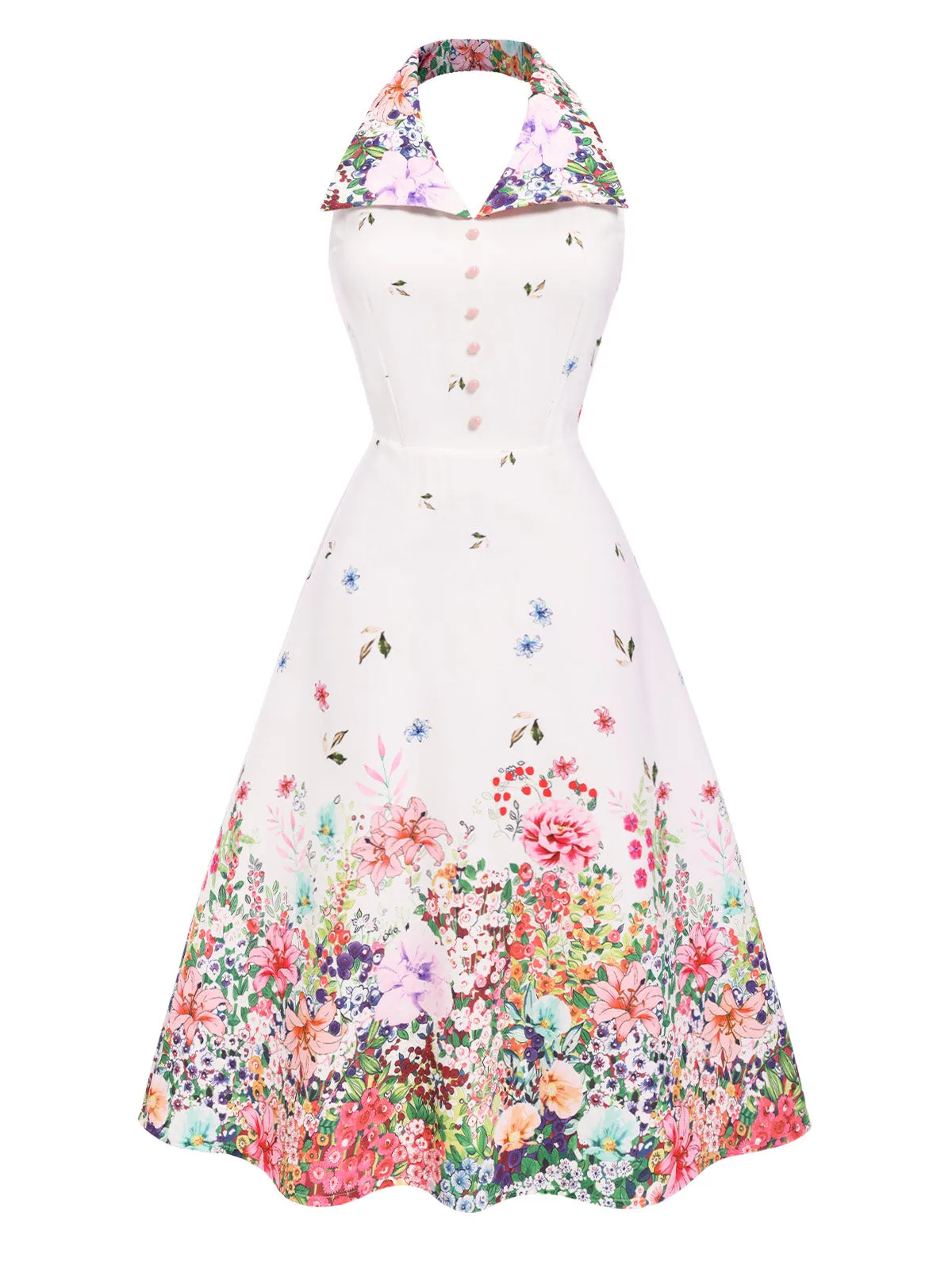 White 1940s Floral Lapel Patchwork Dress sold by Retro Stage product image thumbnail 2