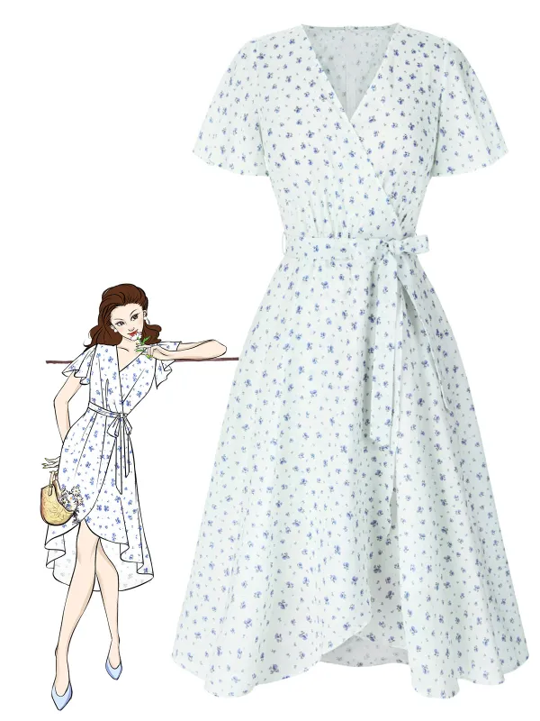 White 1940s Cotton Slanted Tie Floral Dress sold by Retro Stage