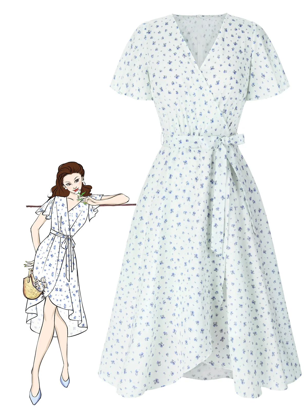 White 1940s Cotton Slanted Tie Floral Dress sold by Retro Stage
