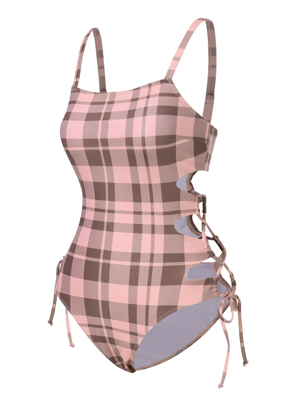 Pink 1950s Side Hollow Lace-Up Plaid Swimsuit sold by Retro Stage product image thumbnail 2