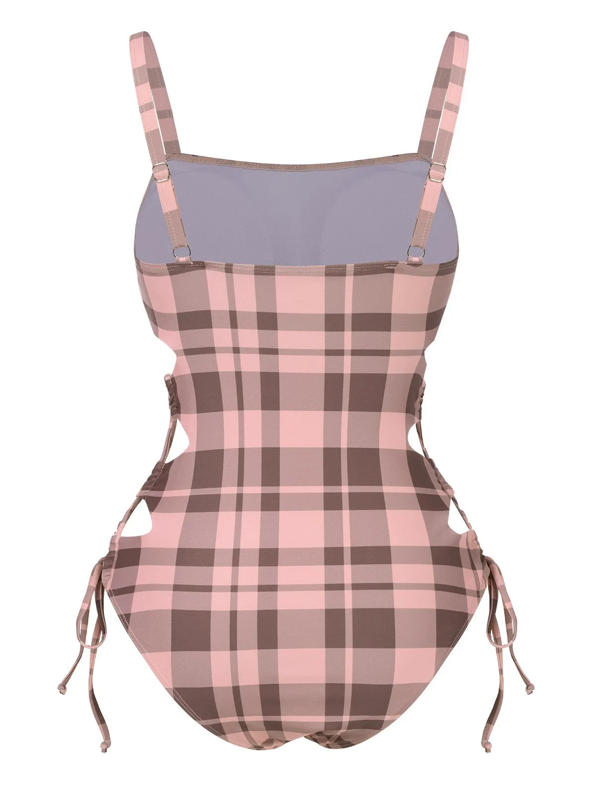 Pink 1950s Side Hollow Lace-Up Plaid Swimsuit sold by Retro Stage product image thumbnail 3