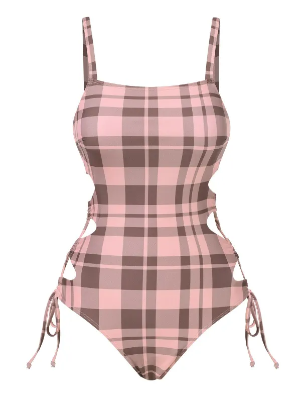 Pink 1950s Side Hollow Lace-Up Plaid Swimsuit sold by Retro Stage