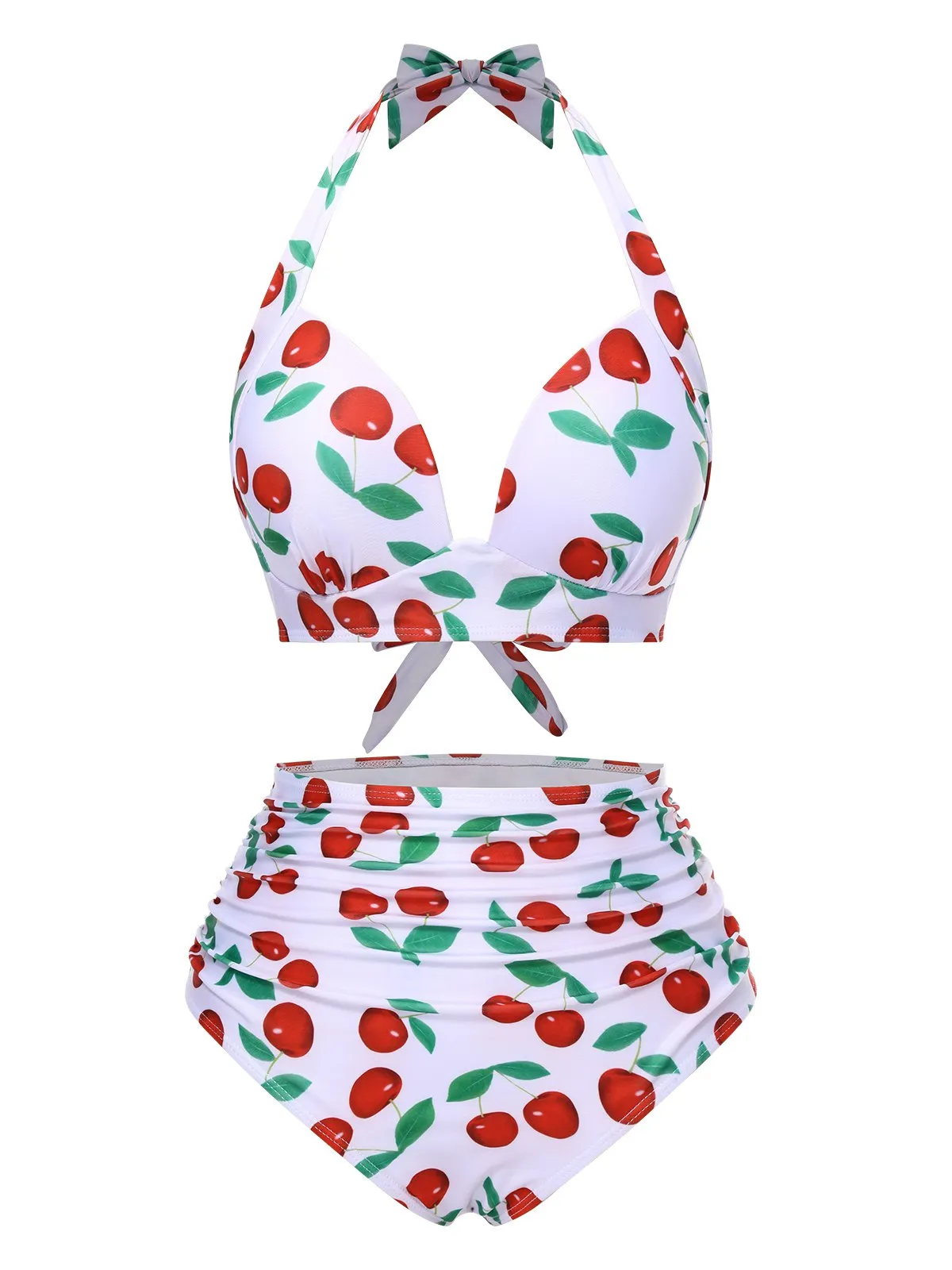 1930s Red Cherry Ruched Halter Bikini Set sold by Retro Stage