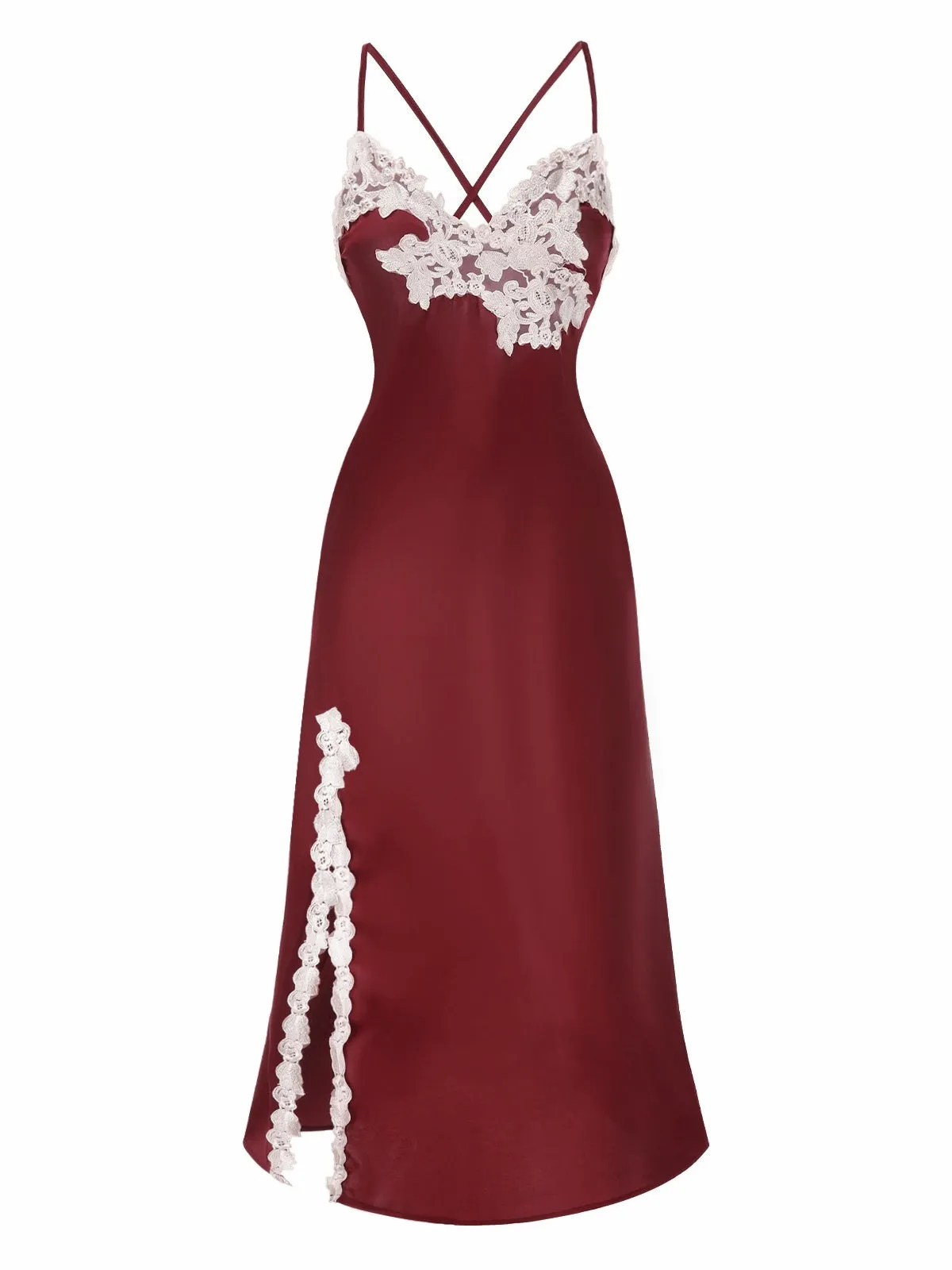 Red 1930s Spaghetti Straps Side-Slit Lace Nightgown sold by Retro Stage