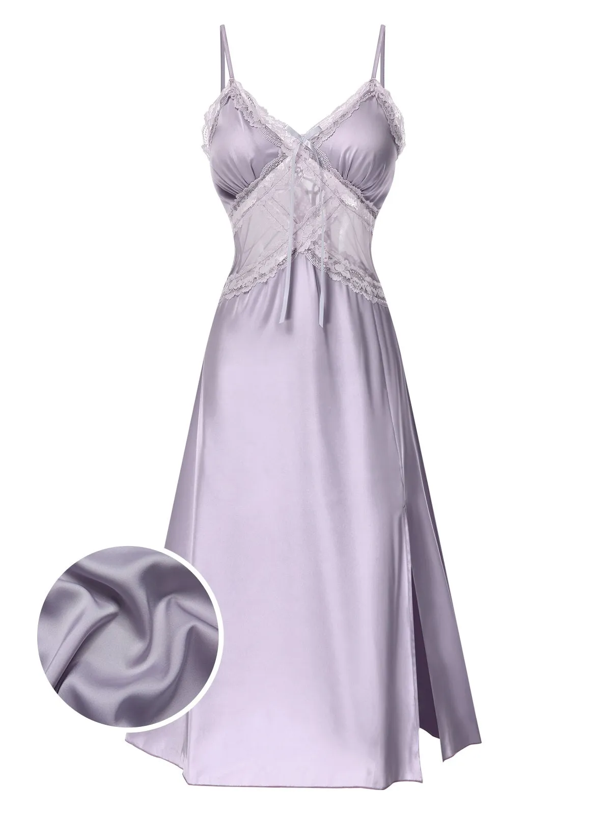 Purple 1930s Straps Lace Patchwork Satin Nightgown sold by Retro Stage