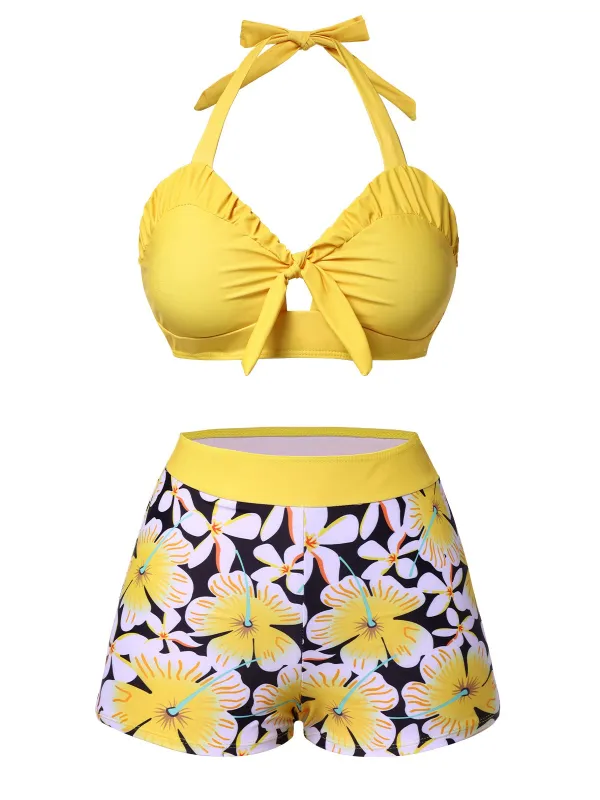 Yellow 1960s Floral Backless Halter Hollow Swimsuit sold by Retro Stage