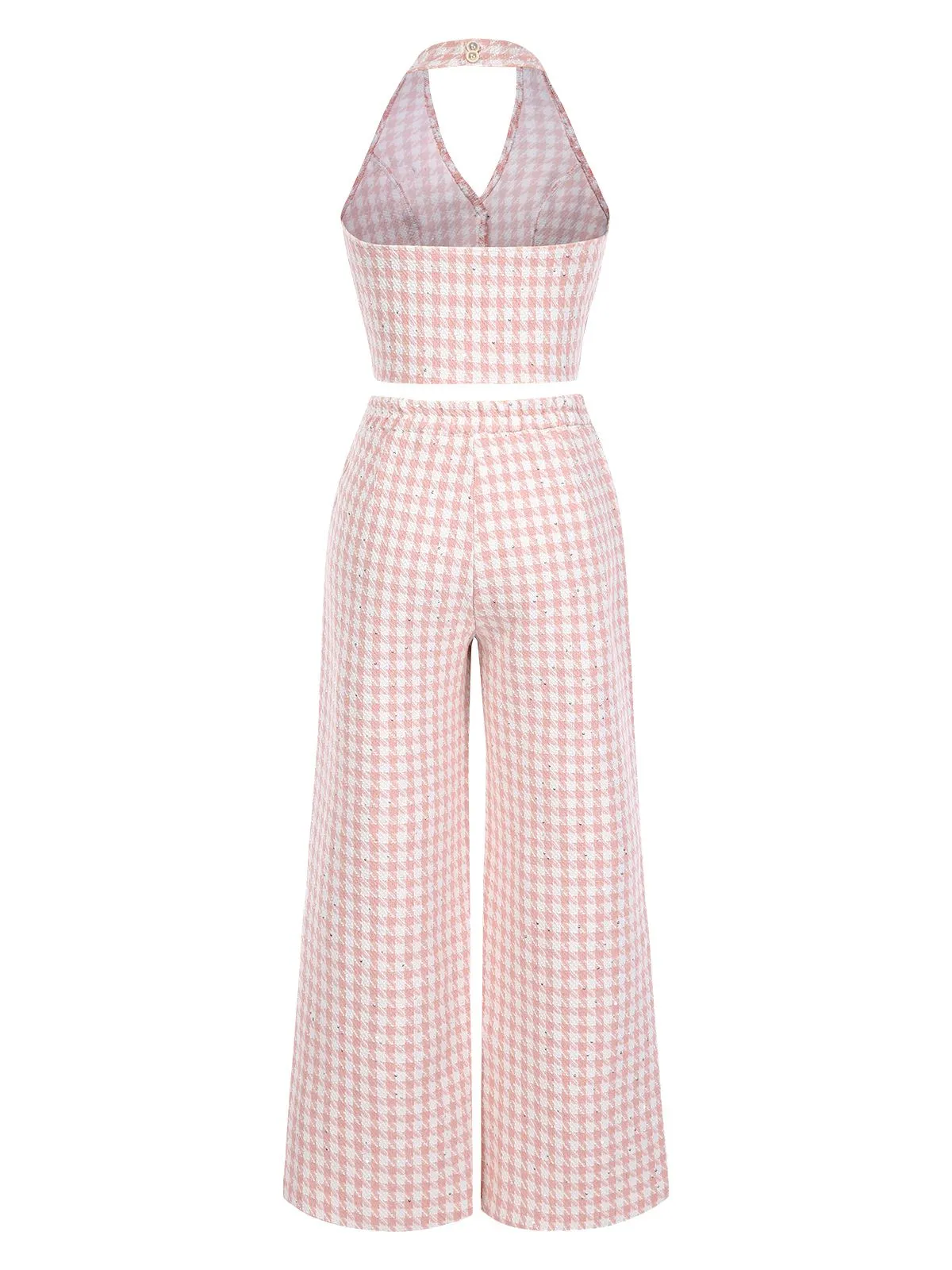 2PCS Pink 1930s Houndstooth Halter Crop Top & Pants sold by Retro Stage product image thumbnail 2