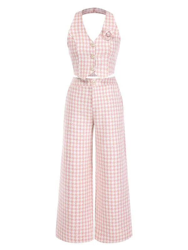2PCS Pink 1930s Houndstooth Halter Crop Top & Pants sold by Retro Stage