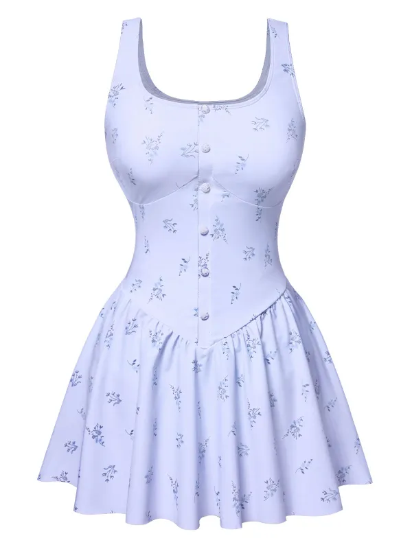 Lavender 1940s Floral Button Swim Dress sold by Retro Stage