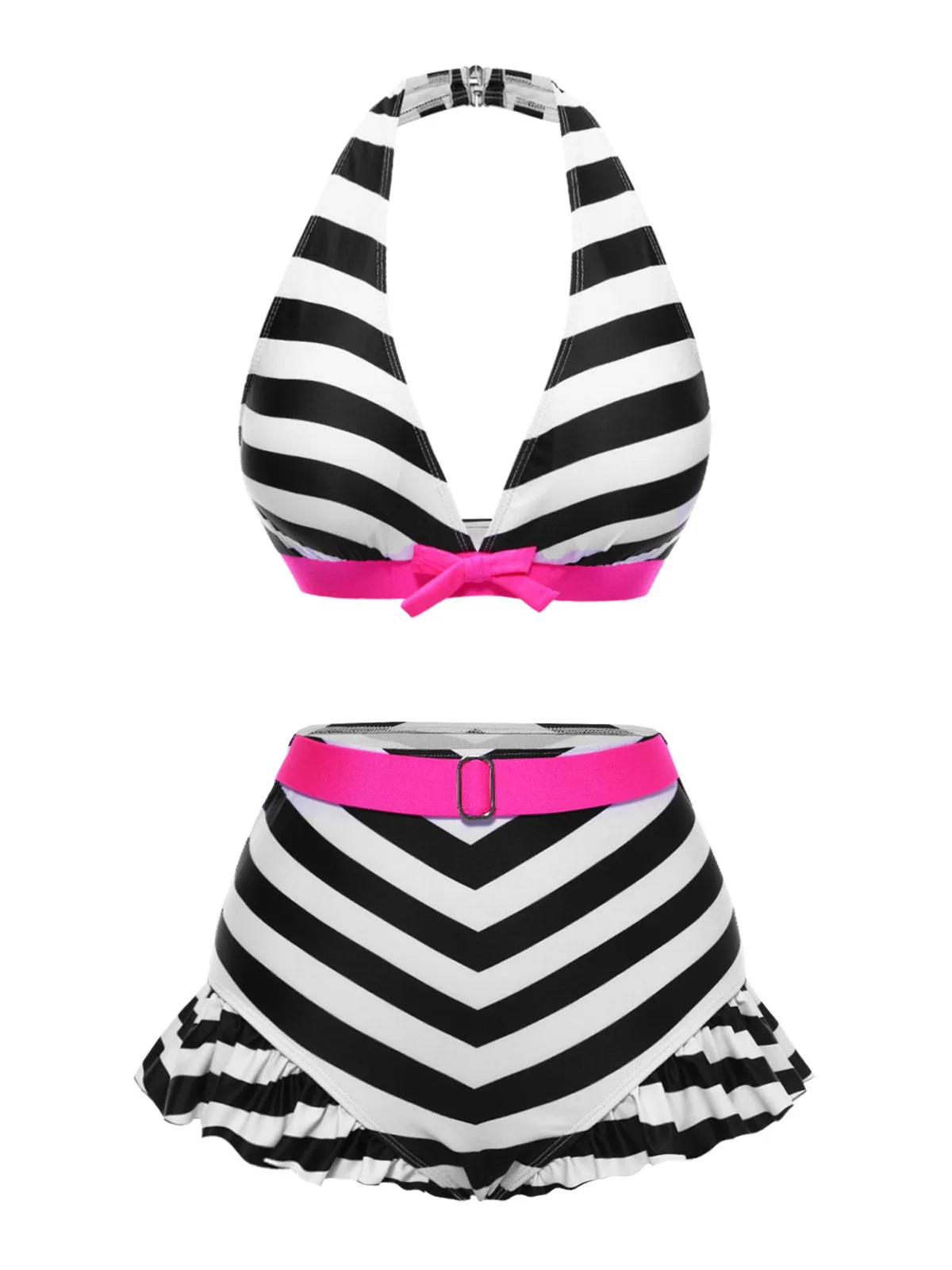 Black 1950s Contrast Bow Ruffle Stripes Bikini sold by Retro Stage product image thumbnail 2