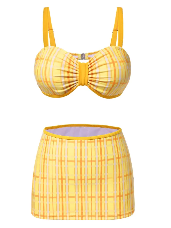 3PCS Yellow 1950s Plaid Bikini Set sold by Retro Stage