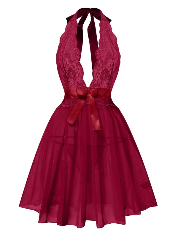 1950s V-Neck Halter Lace Sheer Nightgown sold by Retro Stage