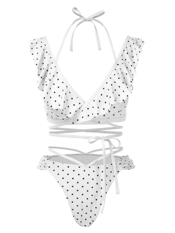 1970s Polka Dot Lace-Up Ruffled Bikini Set sold by Retro Stage