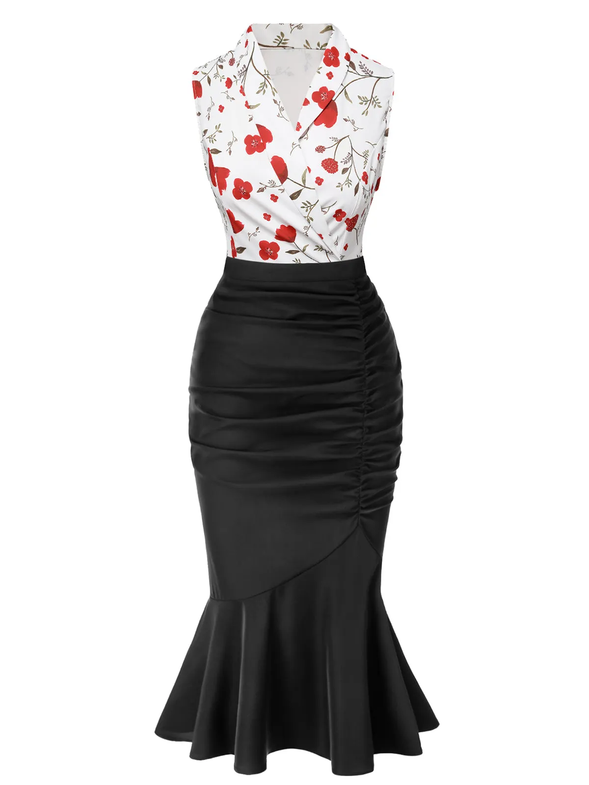 2PCS 1930s Floral Lapel Top & Pleated Fishtail Skirt sold by Retro Stage product image thumbnail 2