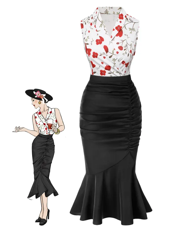 2PCS 1930s Floral Lapel Top & Pleated Fishtail Skirt sold by Retro Stage