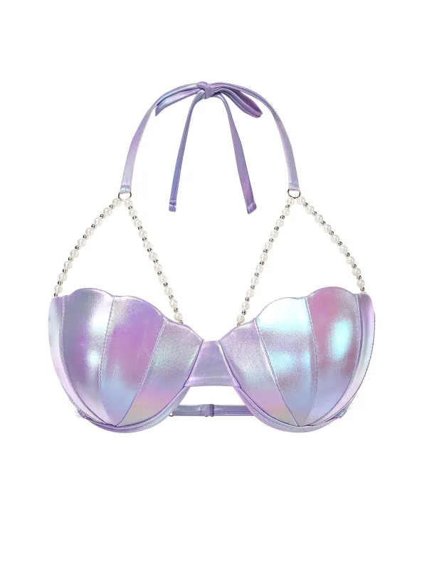 Purple 1970s Shell Pearl Chain Swim Top sold by Retro Stage