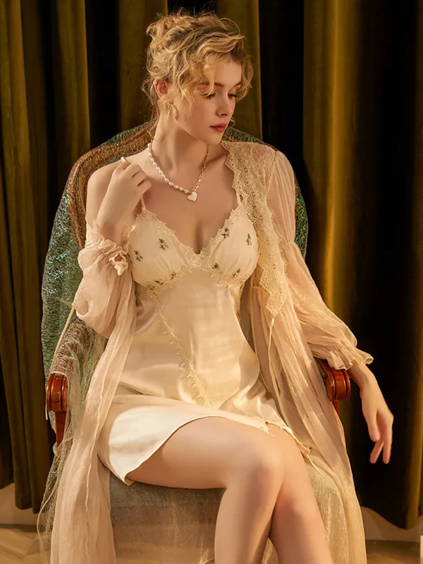 2PCS Apricot 1950s Floral Straps Slit Nightgown & Robe sold by Retro Stage