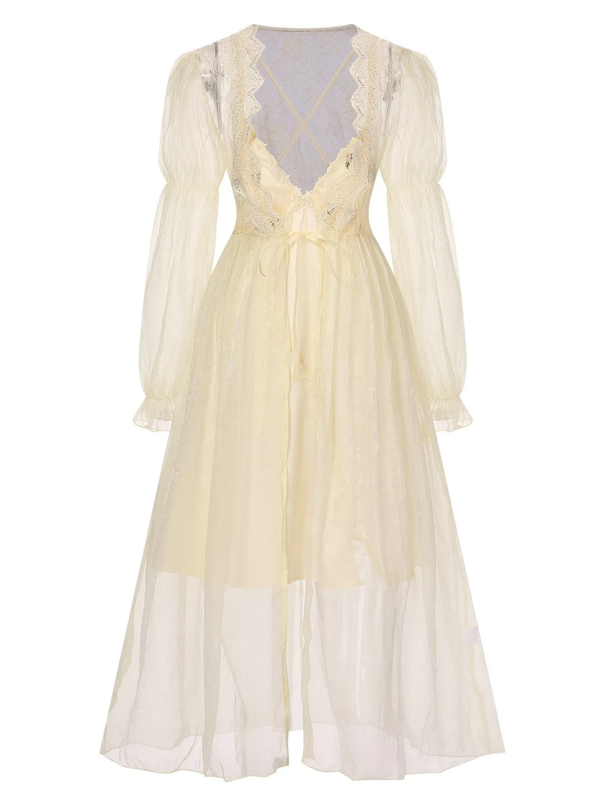 2PCS Apricot 1950s Floral Straps Slit Nightgown & Robe sold by Retro Stage product image thumbnail 3