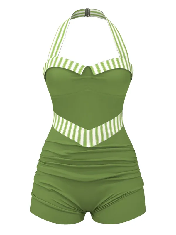 Green 1940s Stripe Patchwork Halter Swimsuit sold by Retro Stage