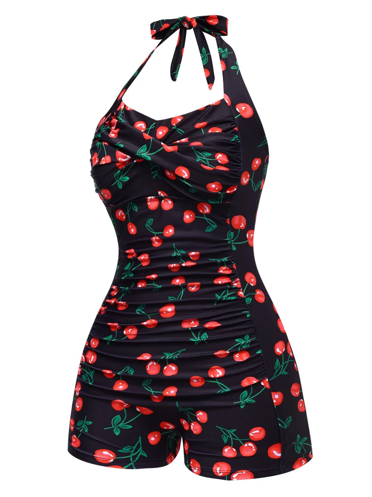 Black 1940s Cherry Halter One-Piece Swimsuit sold by Retro Stage product image thumbnail 2
