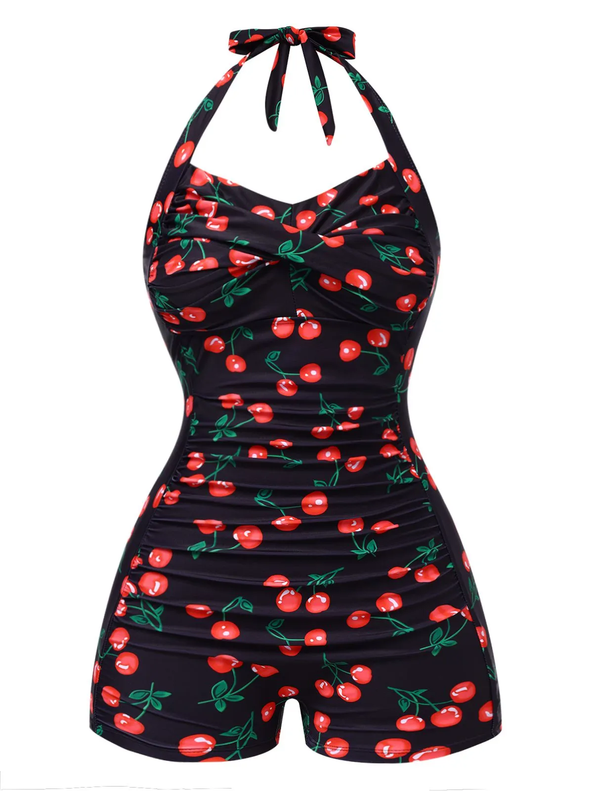 Black 1940s Cherry Halter One-Piece Swimsuit sold by Retro Stage