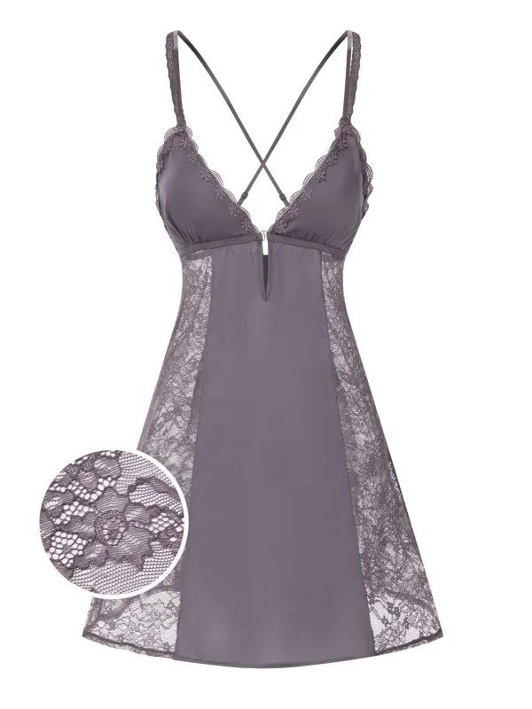 1960s V-Neck Back Cross Straps Lace Nightgown sold by Retro Stage