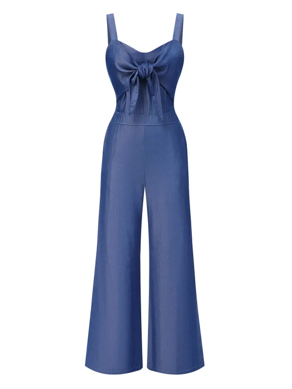 Blue 1930s Solid Tencel Denim Knotted Jumpsuit sold by Retro Stage
