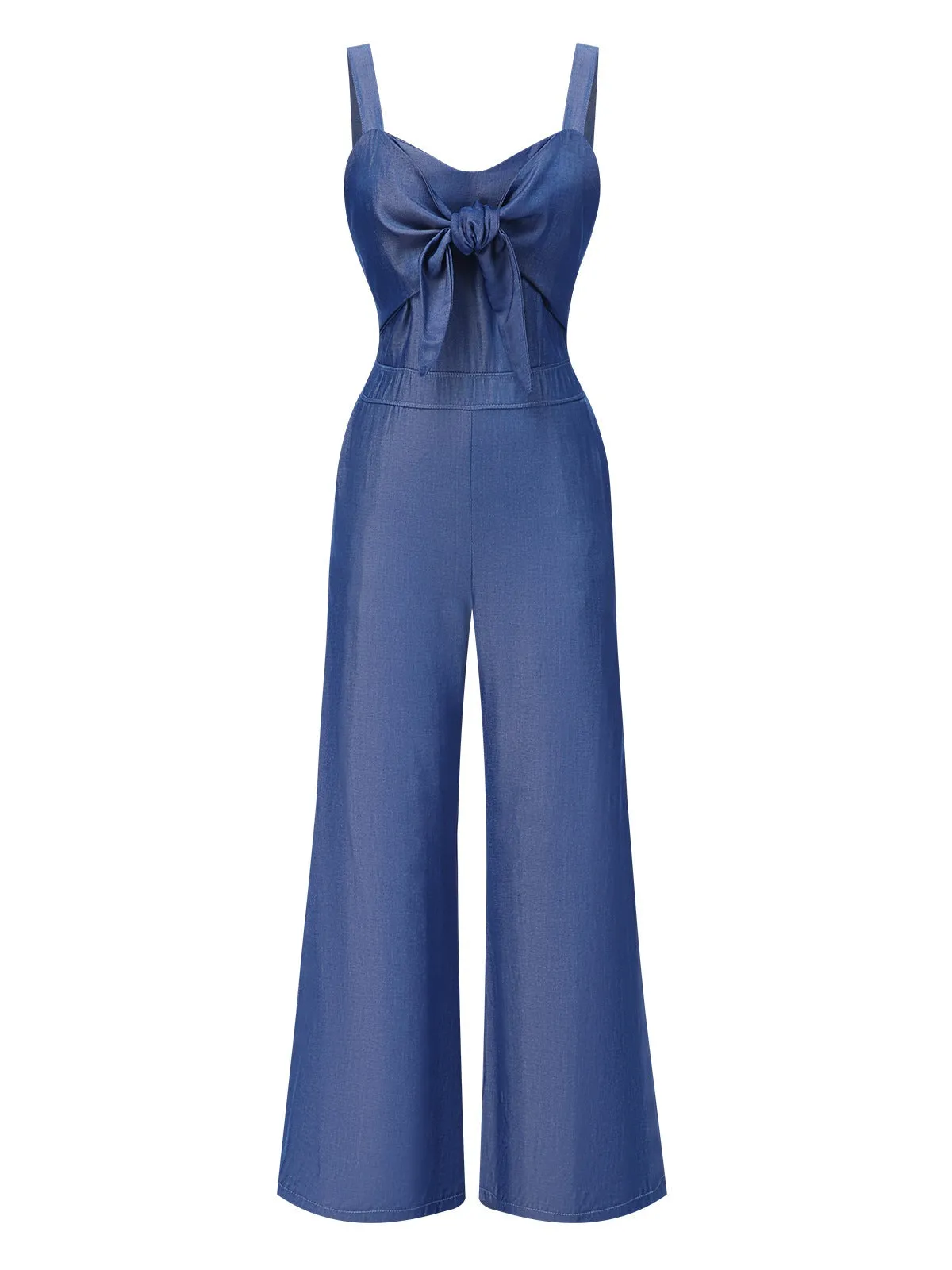 Blue 1930s Solid Tencel Denim Knotted Jumpsuit sold by Retro Stage