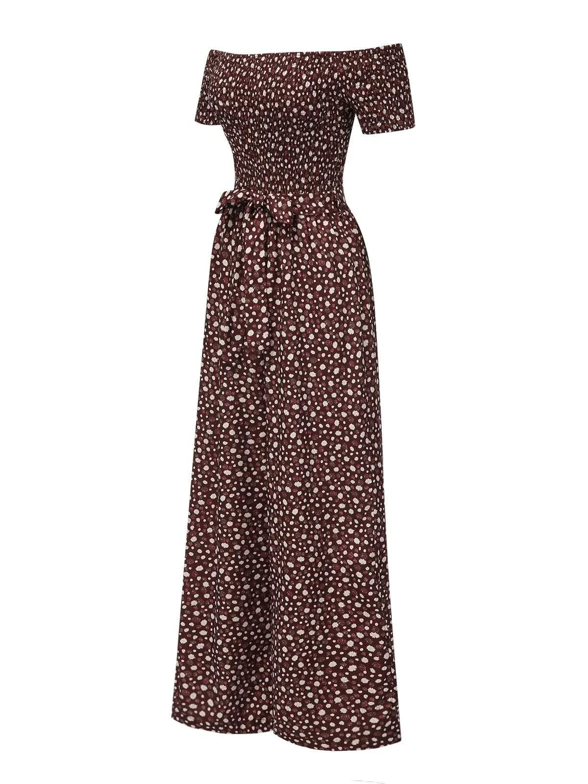 Red 1940s Off-Shoulder Ditsy Smocked Jumpsuit sold by Retro Stage product image thumbnail 2