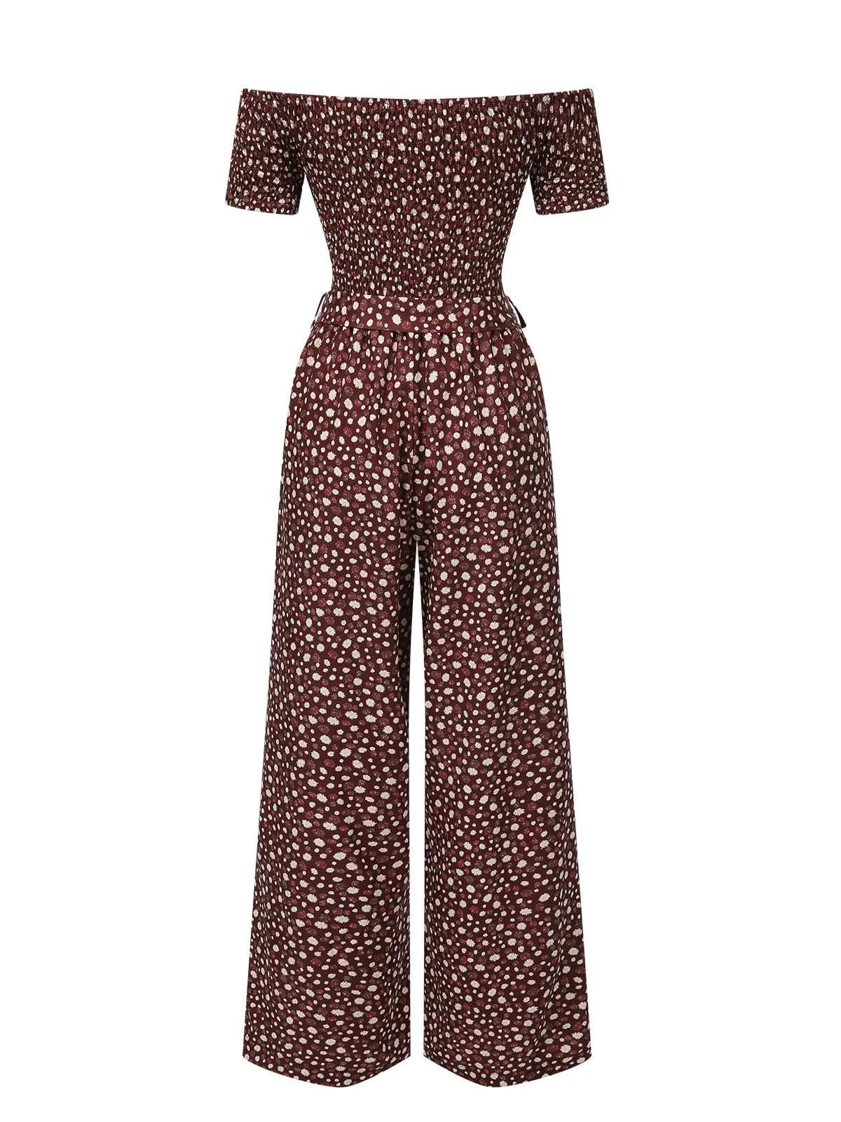 Red 1940s Off-Shoulder Ditsy Smocked Jumpsuit sold by Retro Stage product image thumbnail 3